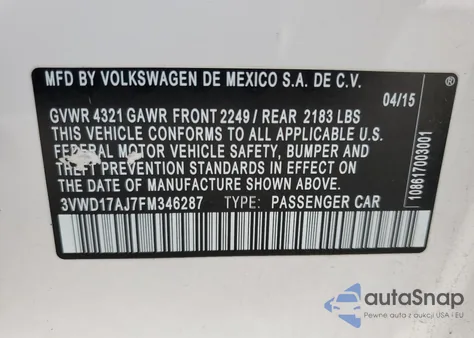 2015 Volkswagen Jetta 1.8T Sport z USA, uszkodzony, nr VIN 3VWD17AJ7FM346287